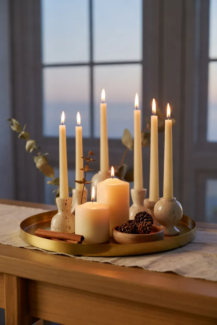 Cream taper and pillar candles grouped on a brass tray with dried eucalyptus