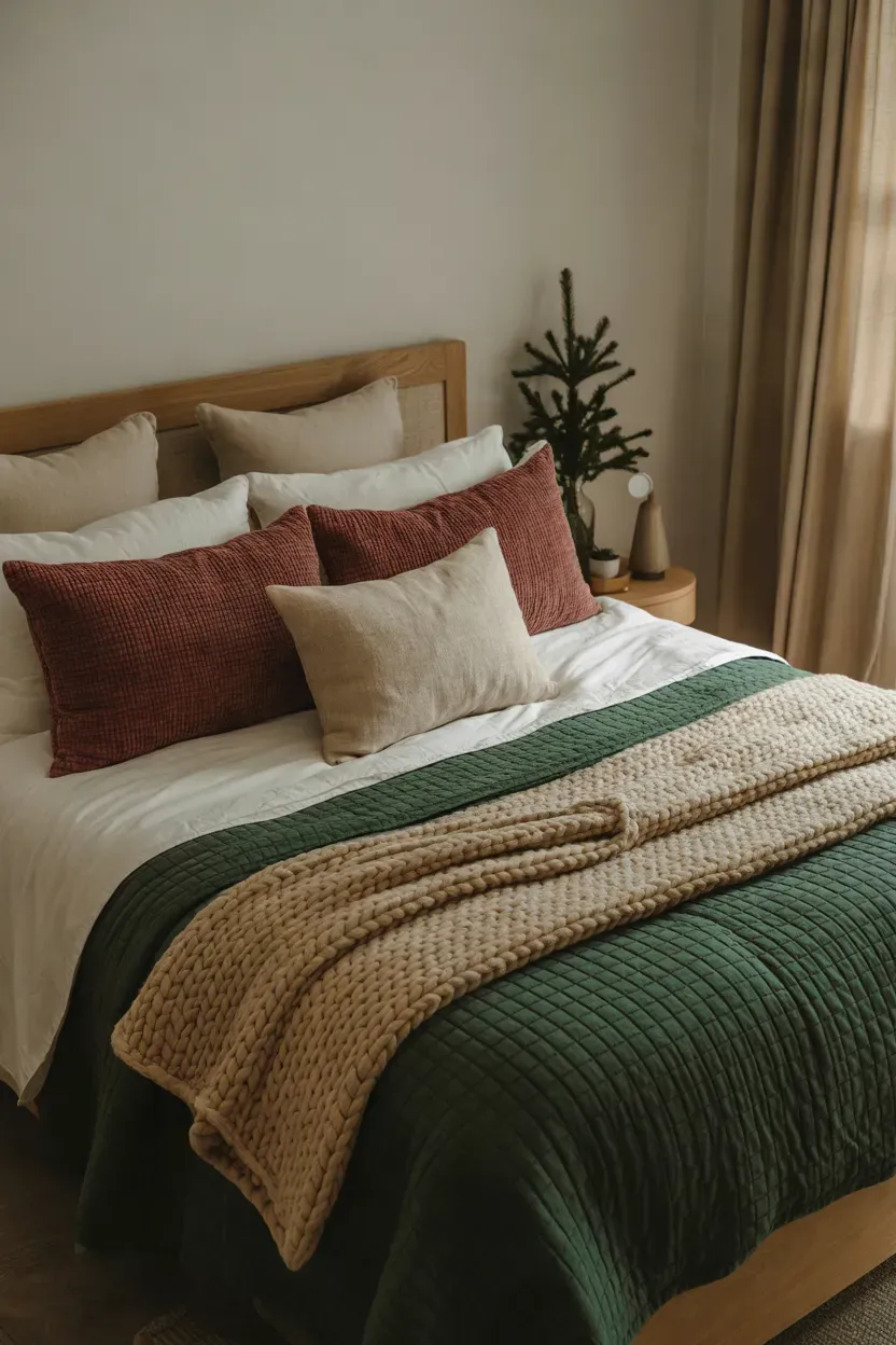 Layered Christmas bedding with green quilt, cream duvet, red pillows, and cozy knit throw