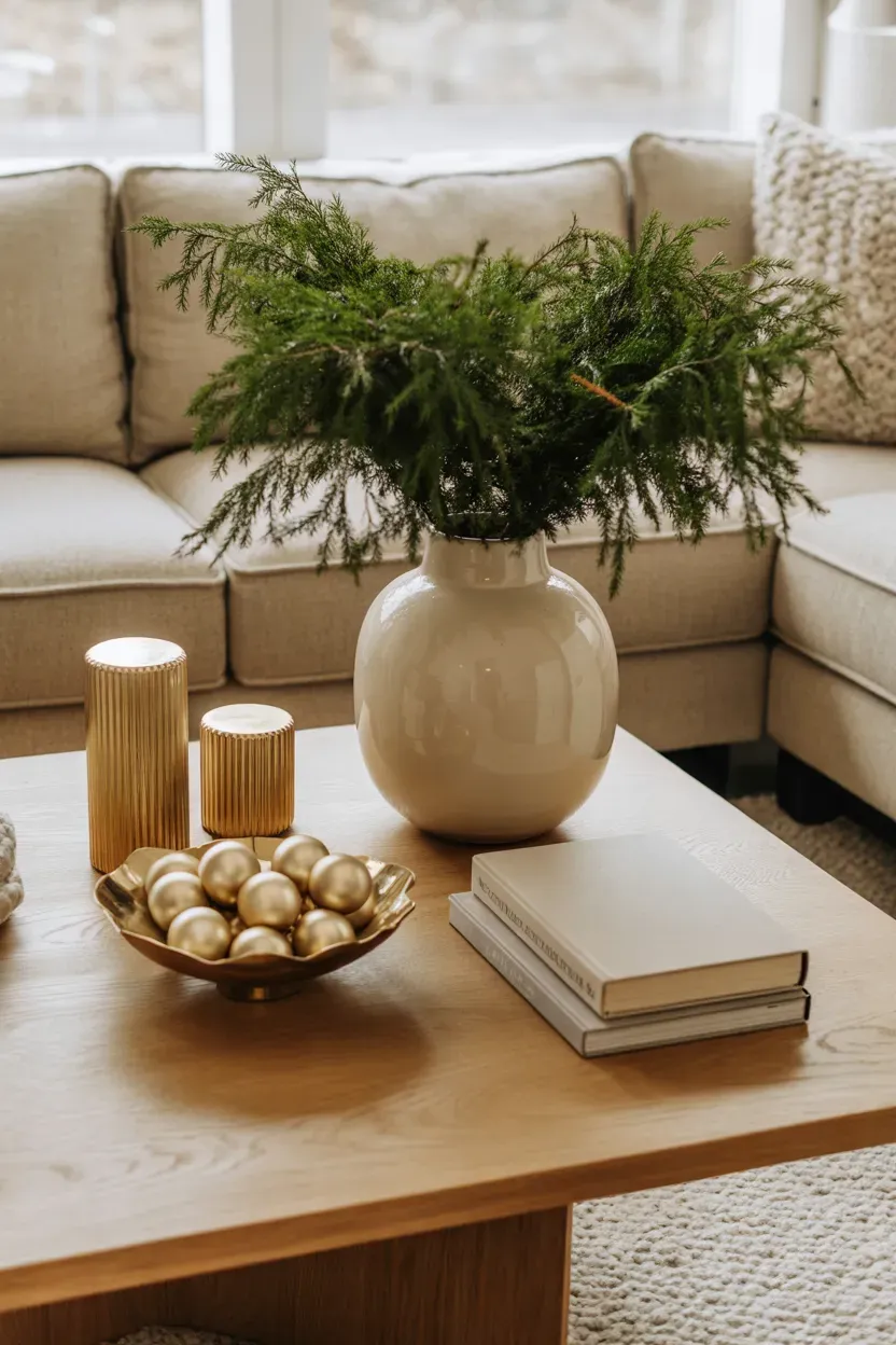 Elegant coffee table with evergreen branches, gold candleholders, neutral books, and festive ceramic accents