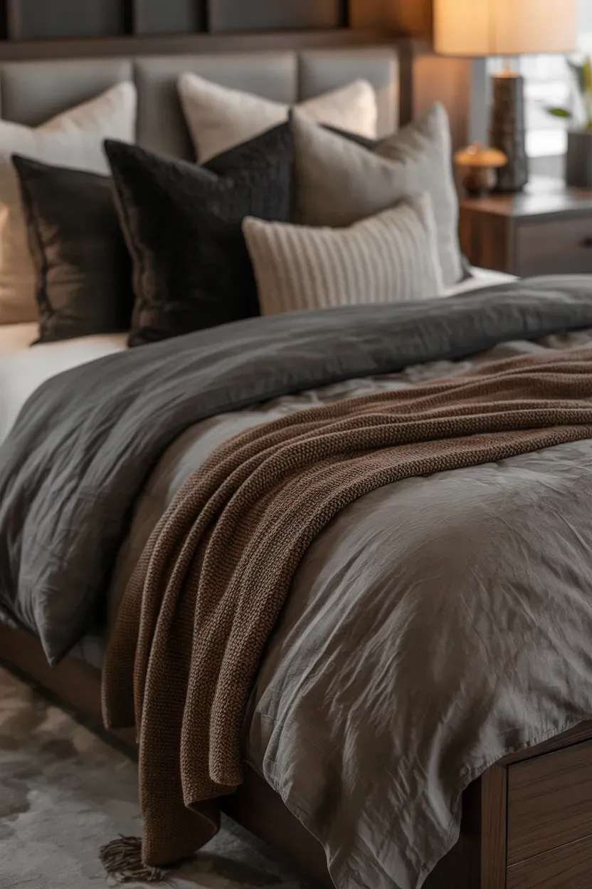 Moody bedroom with layered charcoal duvet, chocolate brown blanket, textured pillows, and warm bedside lighting