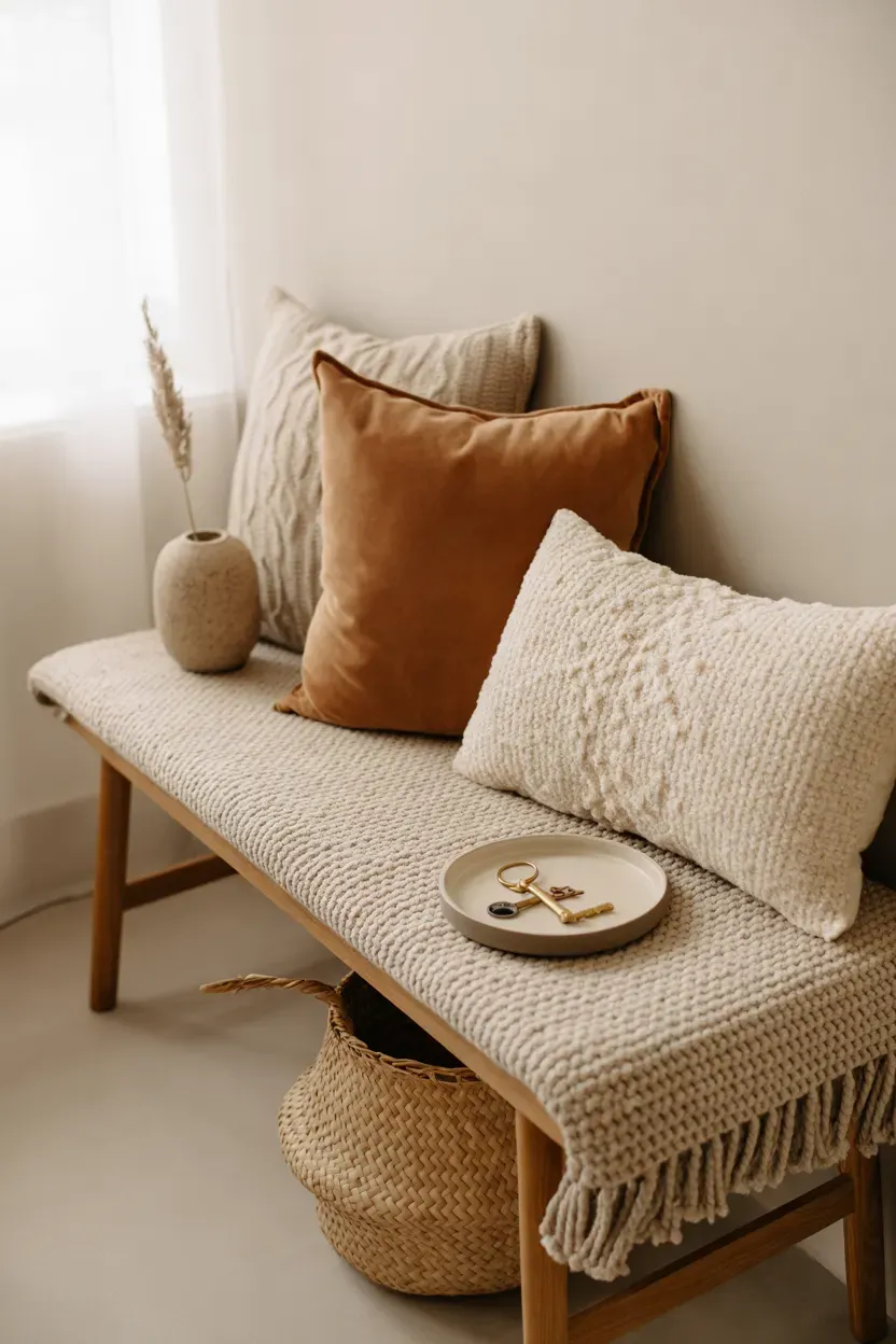 Wood entryway bench layered with knit throw and rust pillows beside a woven basket