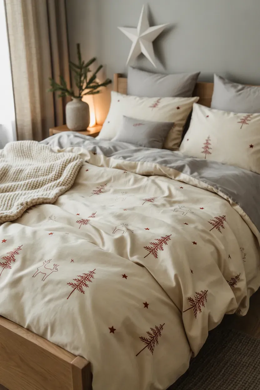 Forest green Christmas quilt layered with white sheets, red accent quilt, and cream throw