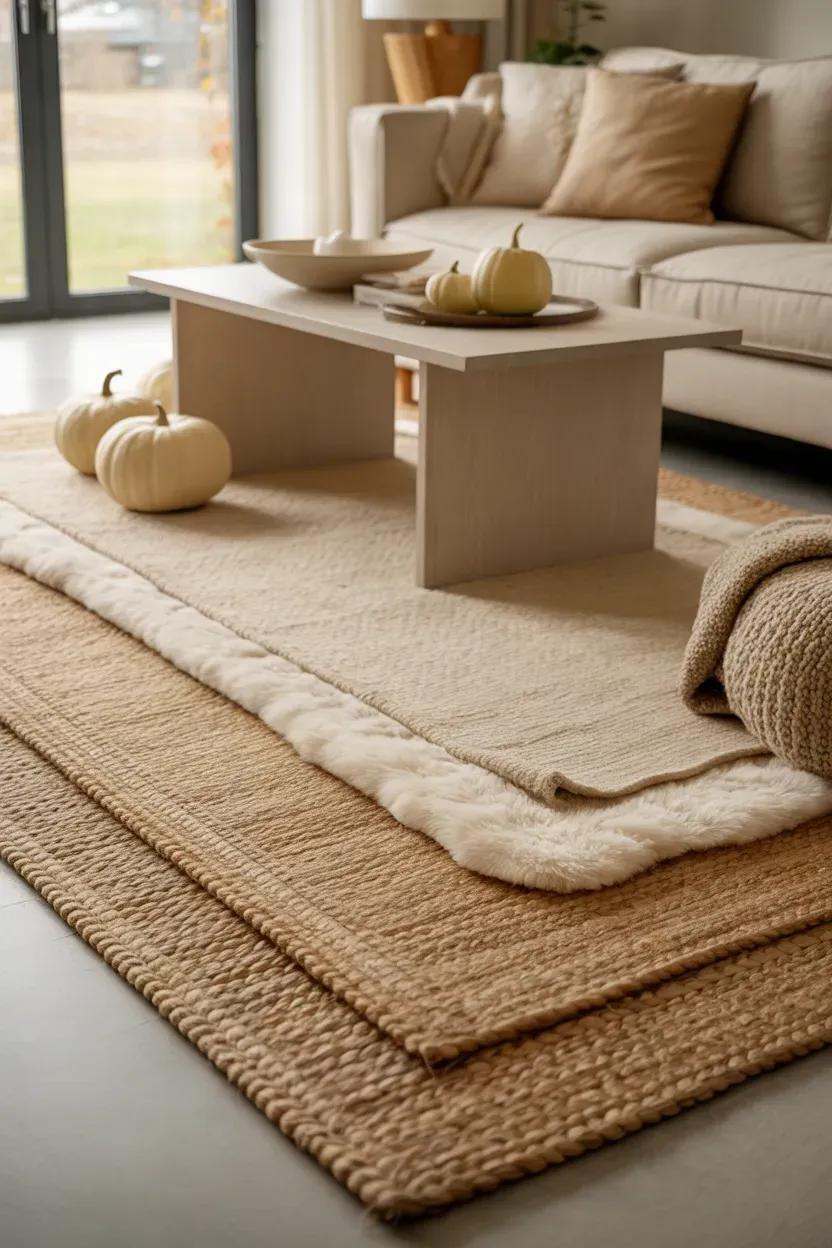 Layered jute and ivory rugs beneath a neutral autumn living room seating area