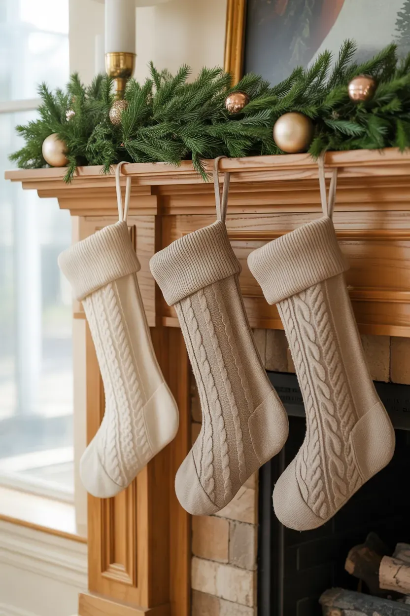 Ivory knit and beige linen stockings hanging from a wooden mantel with evergreen garland and brass accents