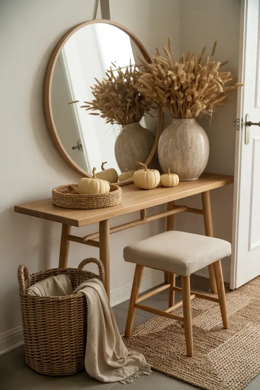 Cozy neutral entryway with oak console woven basket cream pumpkins and textured runner