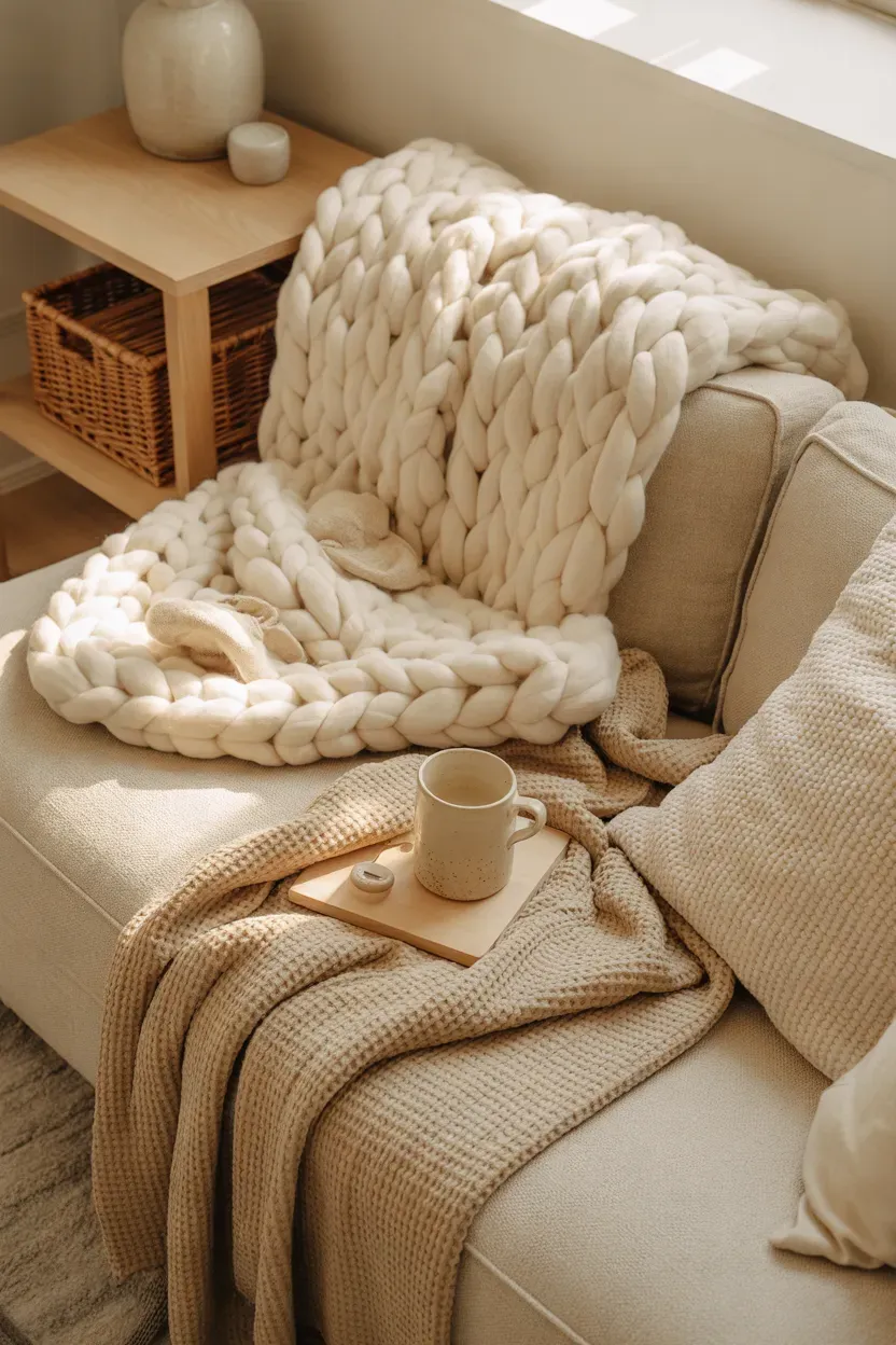 Chunky cream and oatmeal knit blankets layered across an autumn sofa