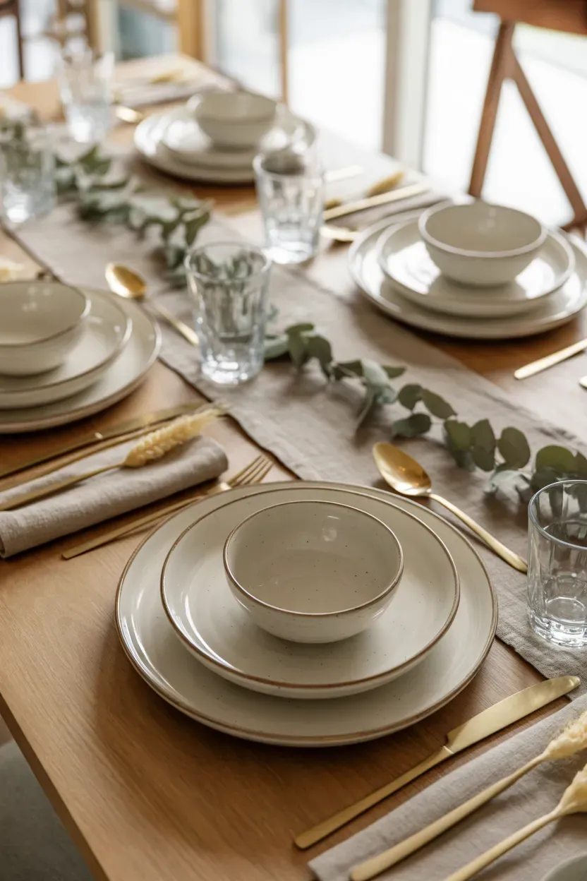 Layered ivory and beige dinner plates with linen napkins, ceramic bowls, and subtle autumn accents