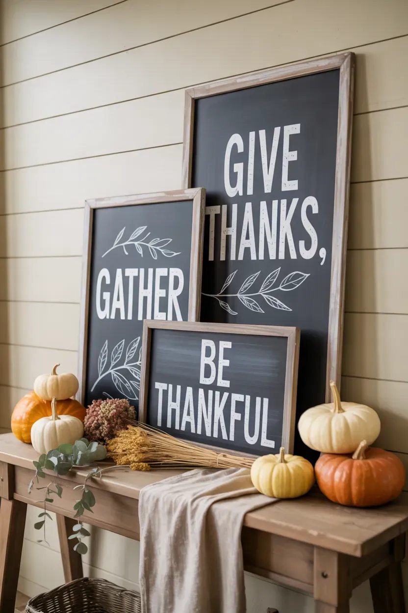 Layered farmhouse chalkboard signs with Thanksgiving messages and autumn foliage