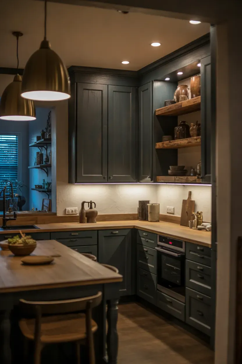 Moody farmhouse kitchen with warm pendant lights, under cabinet lighting, dark cabinetry, and oak accents