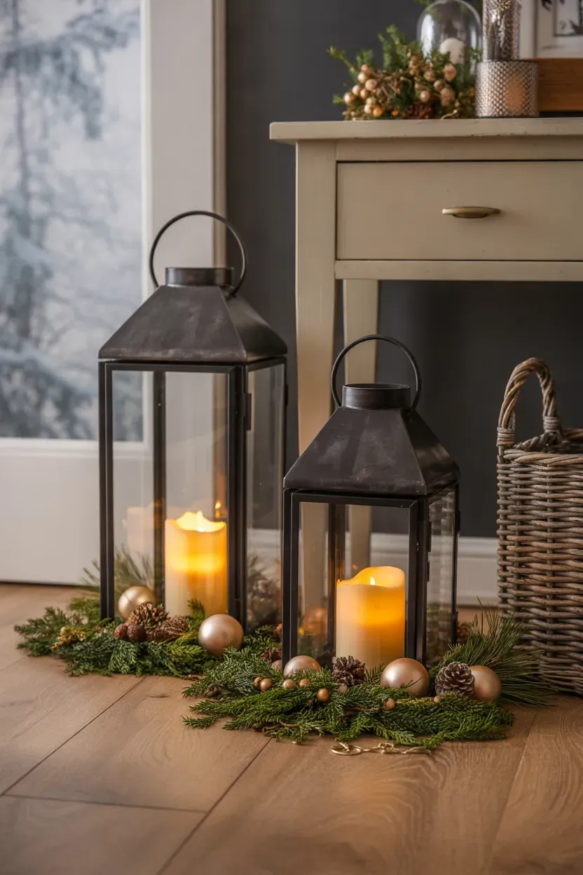 Black metal Christmas lanterns with warm LED candles and evergreen festive accents