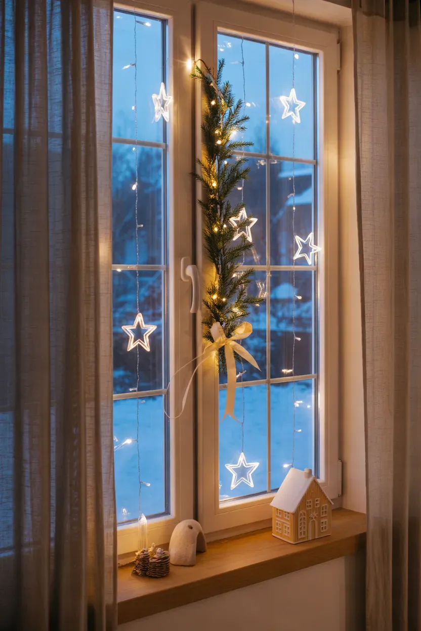 Glowing Christmas star lights and evergreen garland framing a cozy window