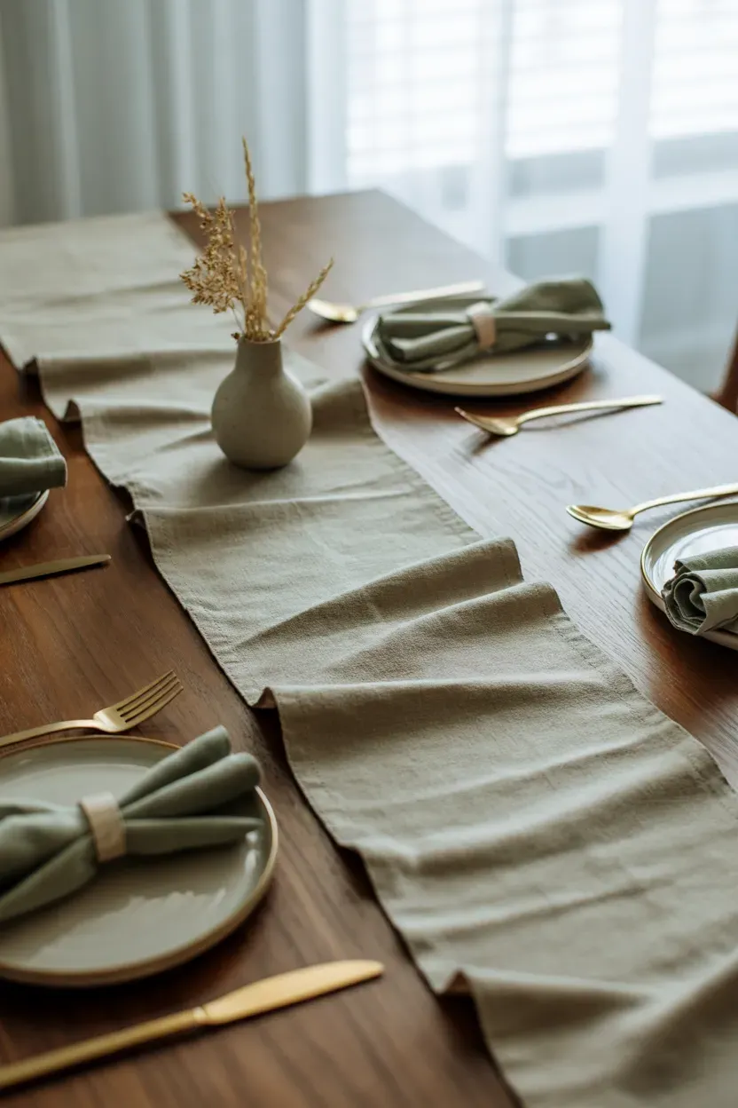 Stone linen table runner with natural creases styled on a walnut Thanksgiving dining table