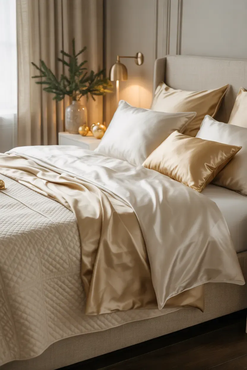Ivory Christmas bedding with champagne gold pillows, brass lamps, and elegant neutral textures