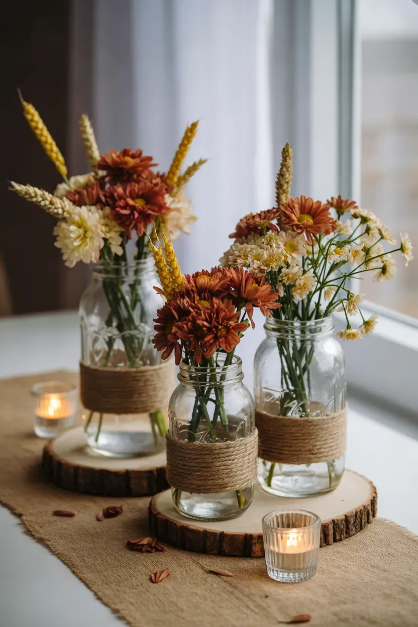 Three mason jars wrapped in twine holding rust mums and wheat on wood slices