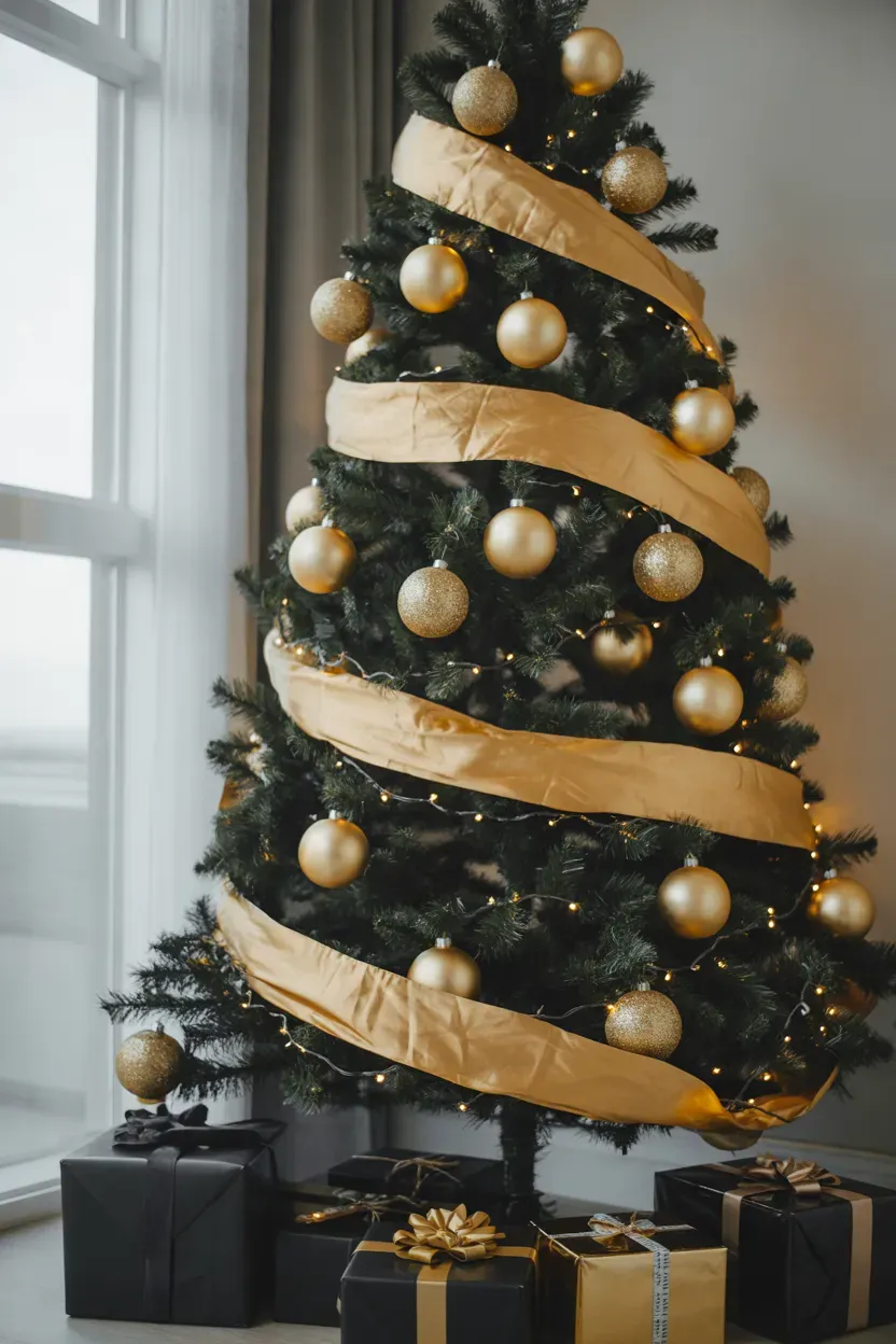 Matte black Christmas tree with gold ornaments and warm white lights in living room