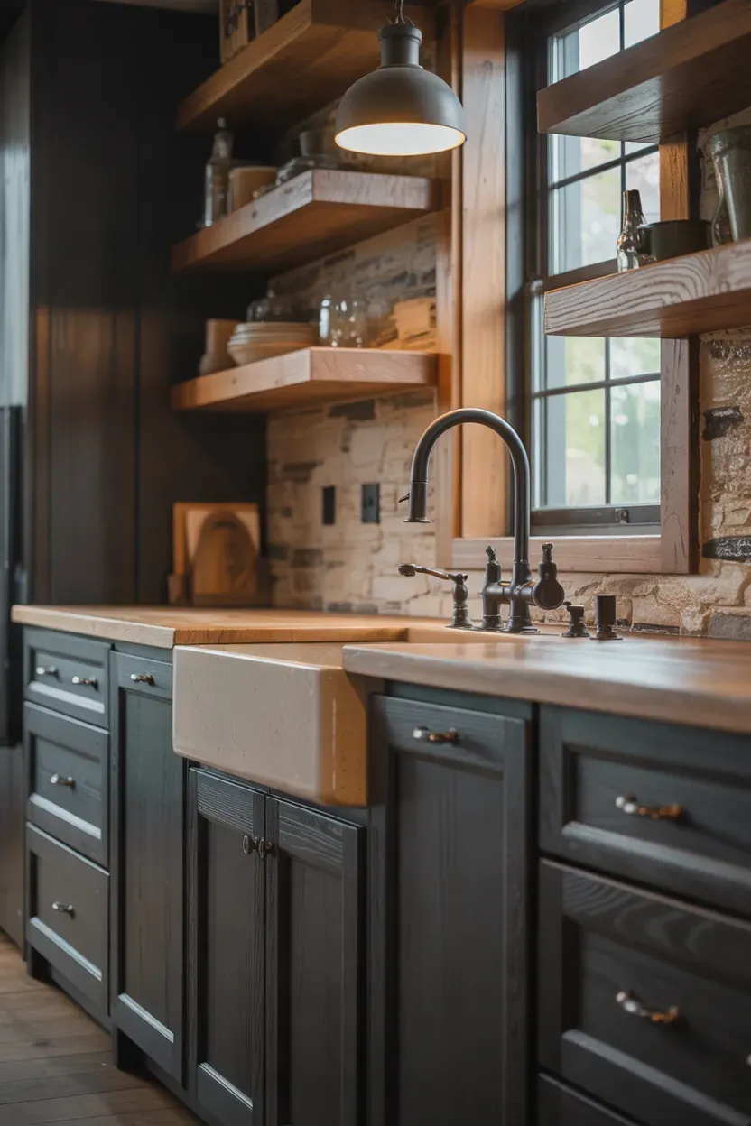 Moody farmhouse kitchen with matte black faucet, dark pendant lights, and rustic oak accents