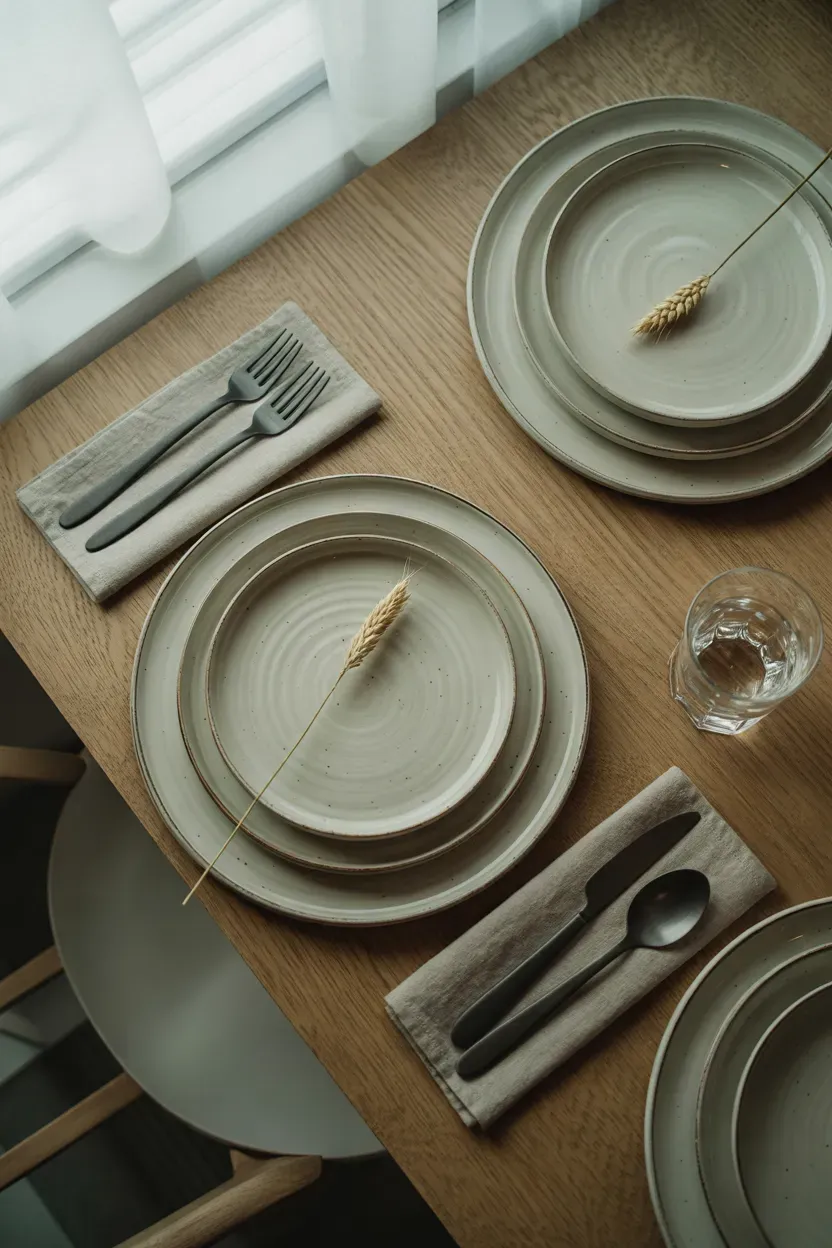Matte stoneware dinner plates in clay and cream on a modern Thanksgiving table