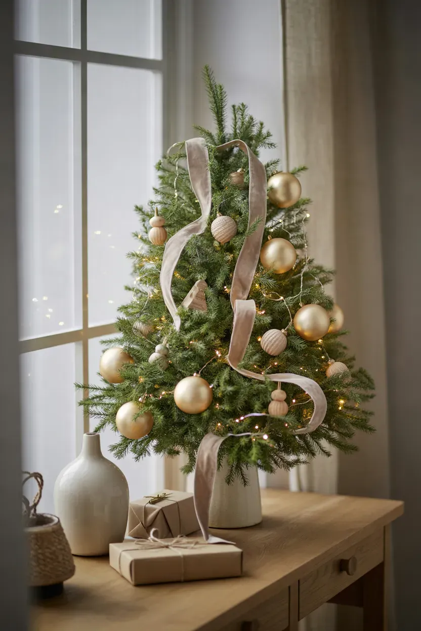 Small Christmas tree decorated with gold ornaments, velvet ribbons, and warm fairy lights