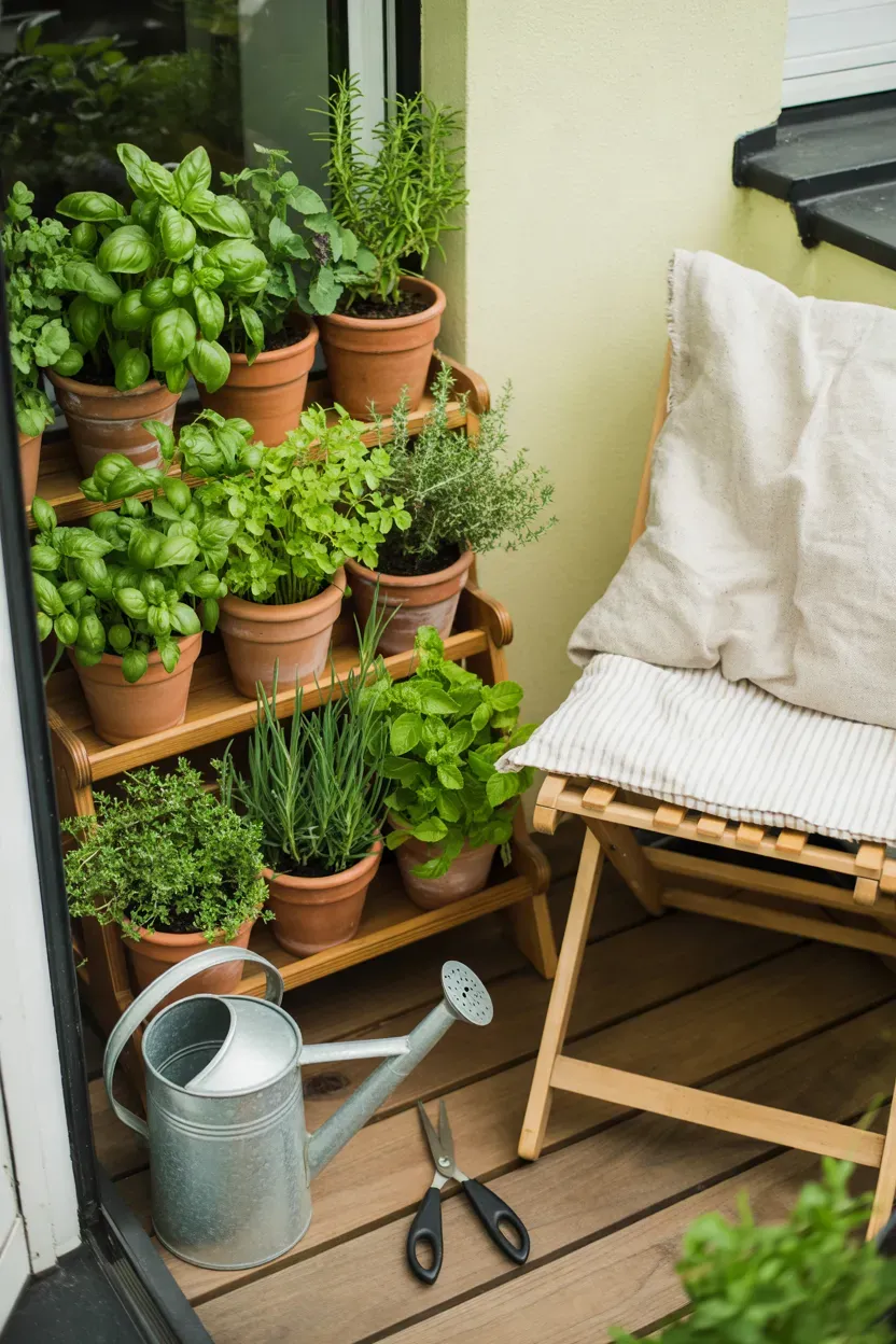 Compact apartment balcony herb garden with terracotta pots and fresh culinary herbs