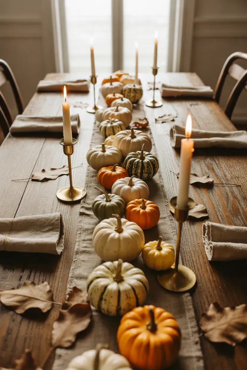 Mini pumpkins in cream, orange, and sage green lined down a wooden Thanksgiving table