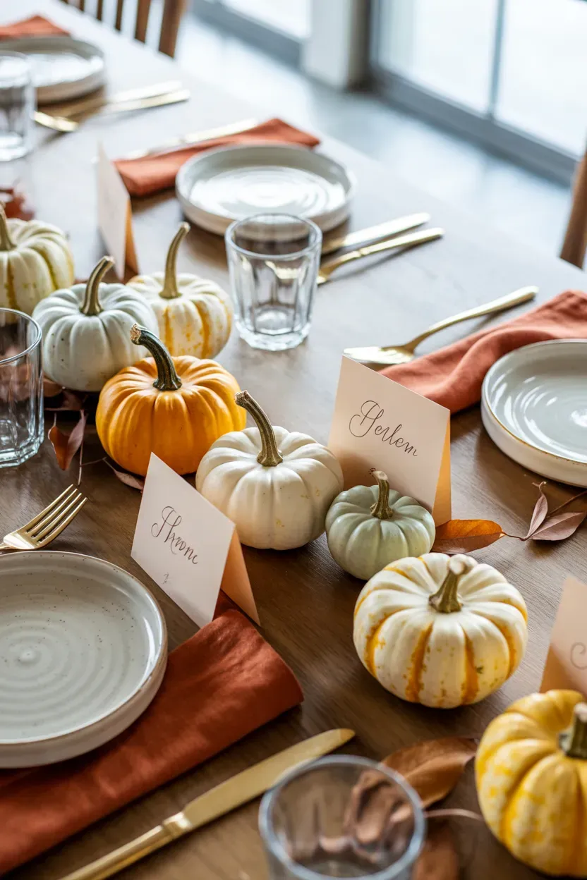 Mini pumpkin place holders beside cream plates, handwritten name cards, and autumn linen napkins