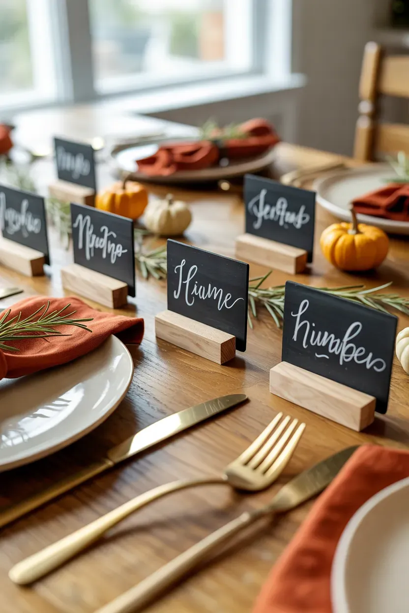 Small chalkboard place cards with handwritten guest names on an autumn Thanksgiving table