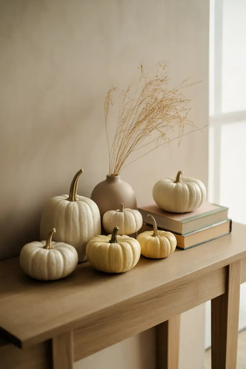 Mini white pumpkins arranged on a wooden console with cream ceramics