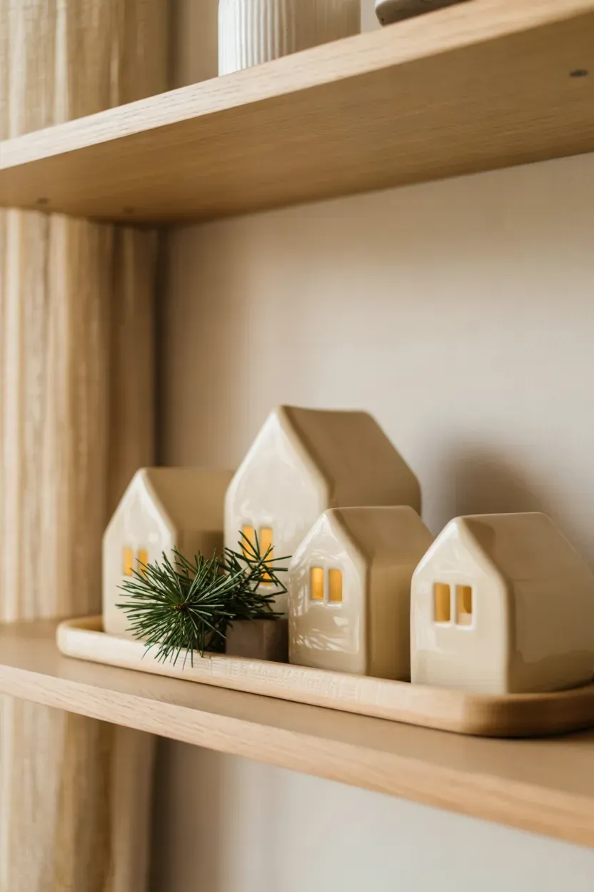 Small ivory ceramic Christmas houses arranged neatly on a pale wooden shelf with subtle greenery