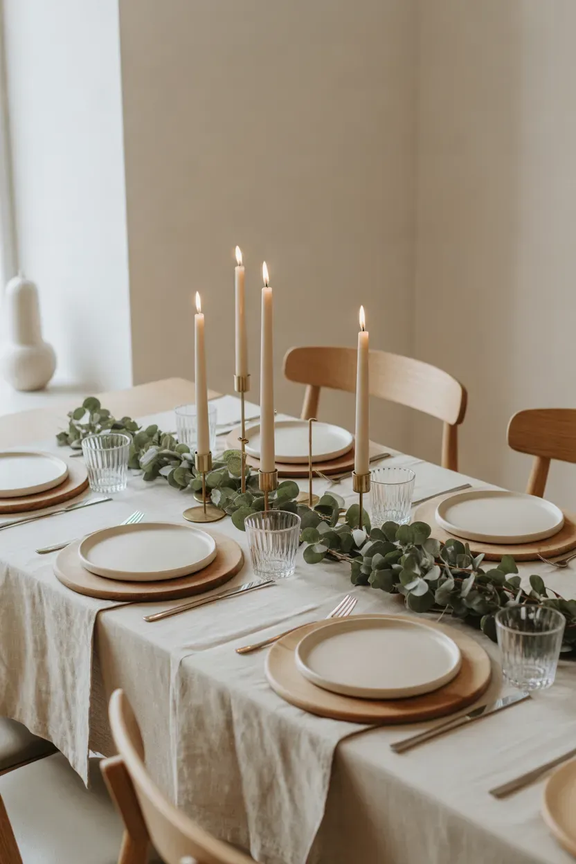 Understated Christmas dining table with ivory linens, simple greenery, white candles, and natural wooden accents