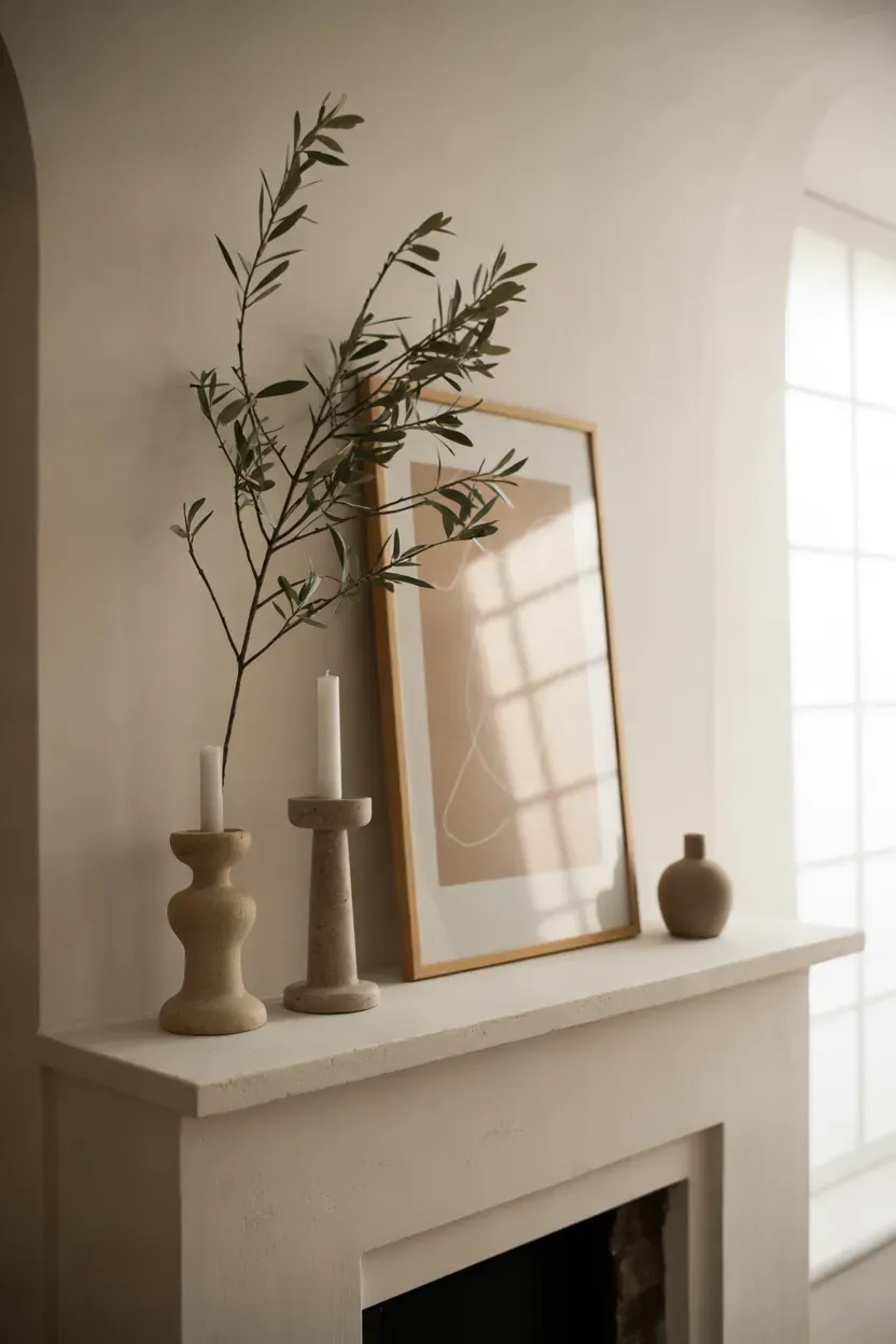 Minimal fall mantel with dried olive branch, stone candle holders, and framed print
