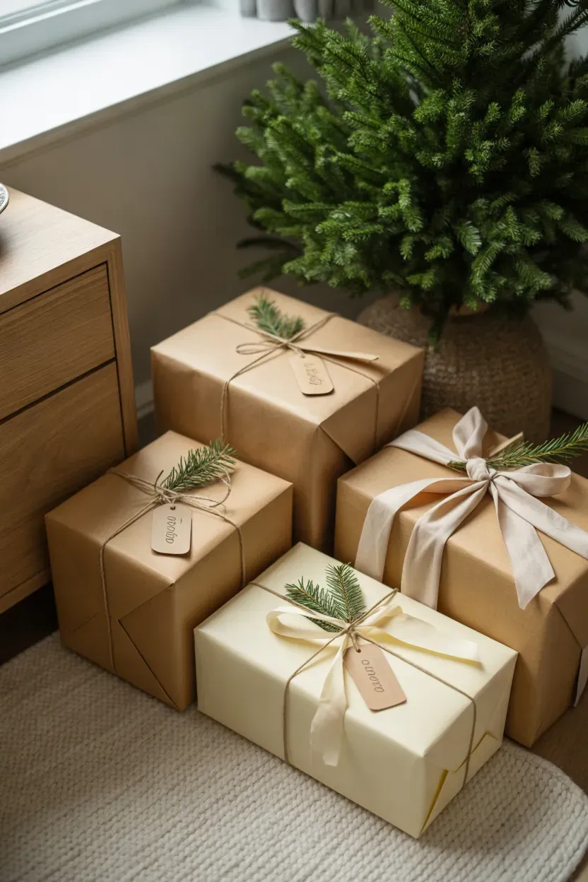 Christmas presents wrapped in kraft paper with cream ribbons and simple evergreen sprigs