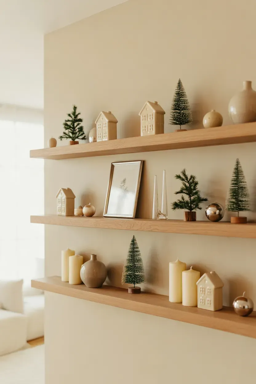 Minimalist Christmas shelves with ceramic houses, small evergreen trees, ivory candles, and subtle gold accents