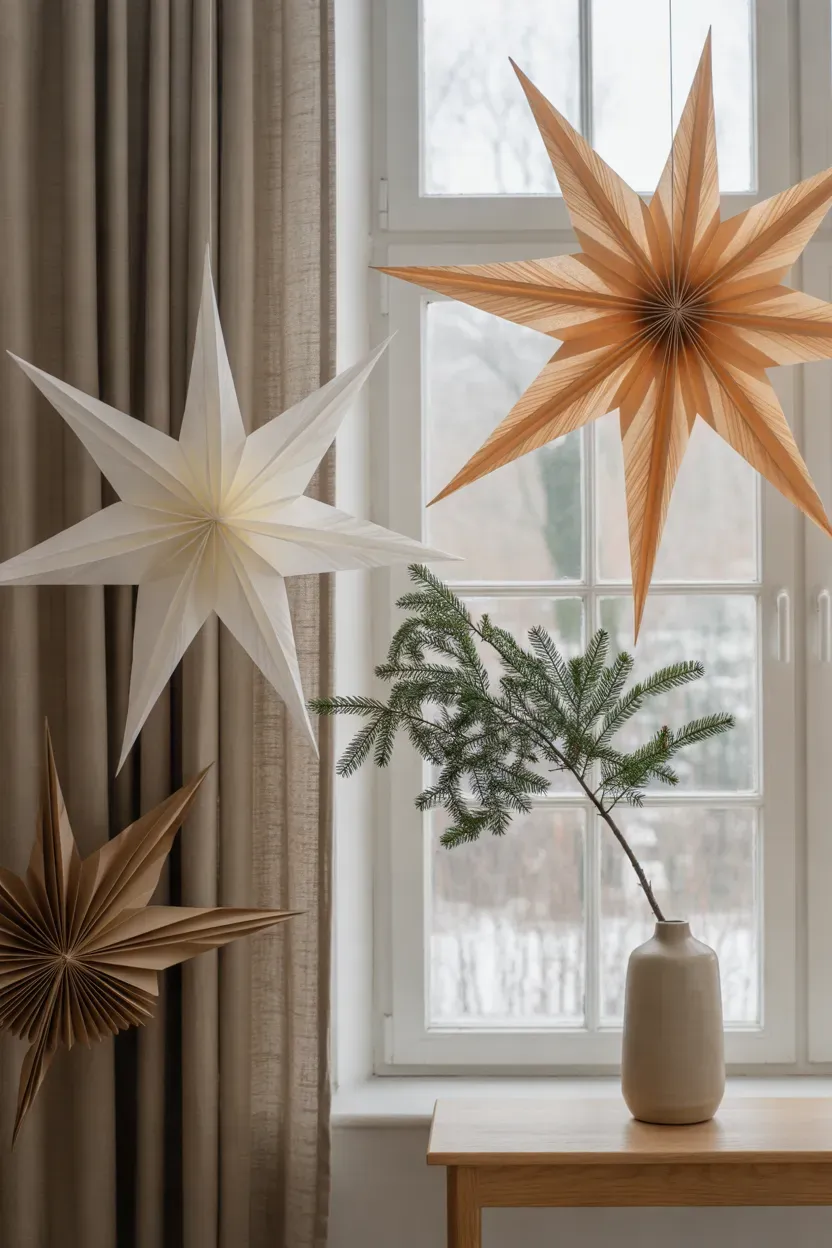 Large ivory paper stars suspended near a window with delicate greenery and soft natural holiday lighting