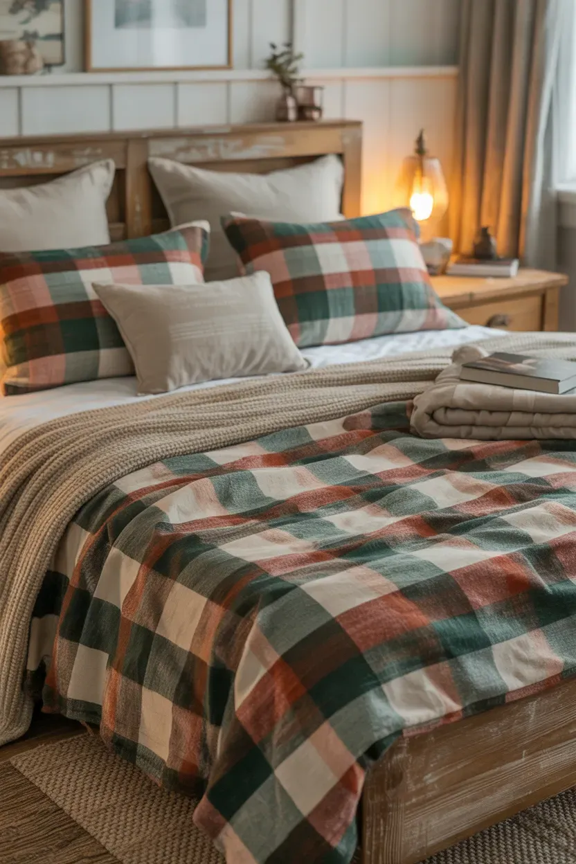 Minimalist ivory Christmas bedding with gray pillows, oak furniture, and subtle evergreen accents