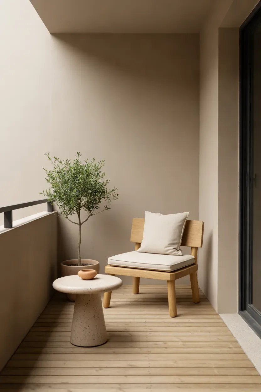 Minimalist apartment balcony with slim wooden furniture, neutral cushions, and simple greenery