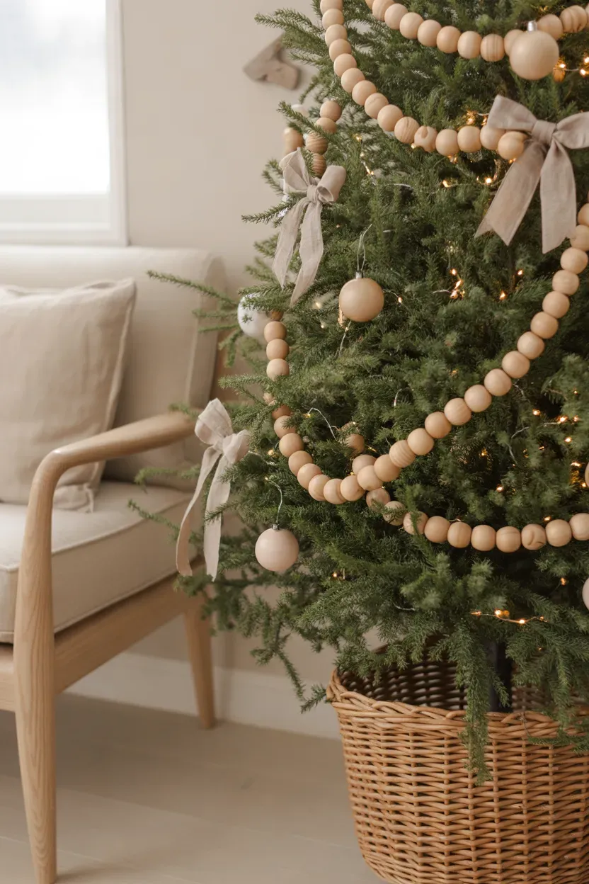 Natural wooden bead garland draped across a green Christmas tree with subtle neutral ornaments