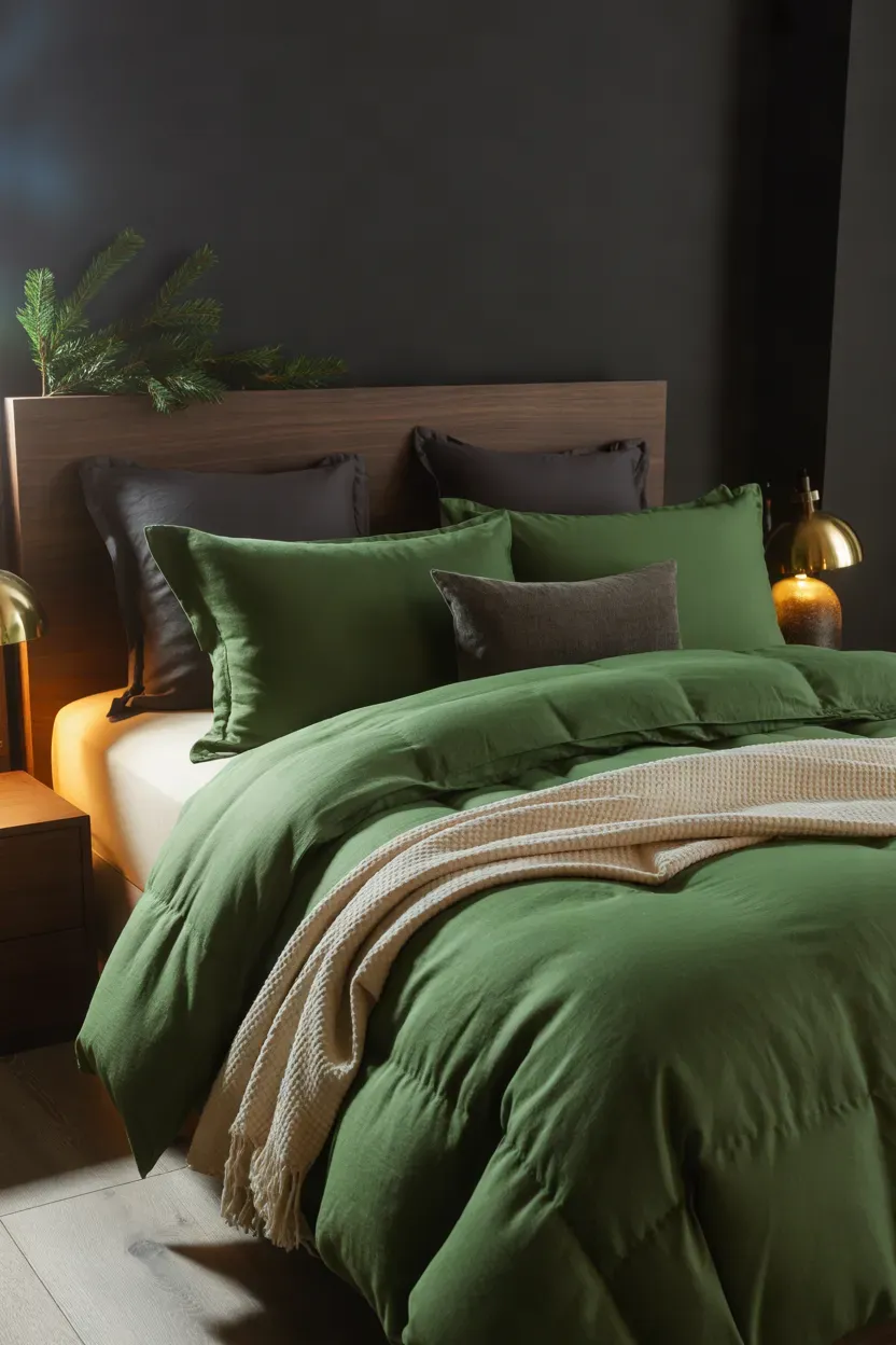 Deep forest green Christmas bedding with charcoal pillows, ivory sheets, and brass bedside lamps