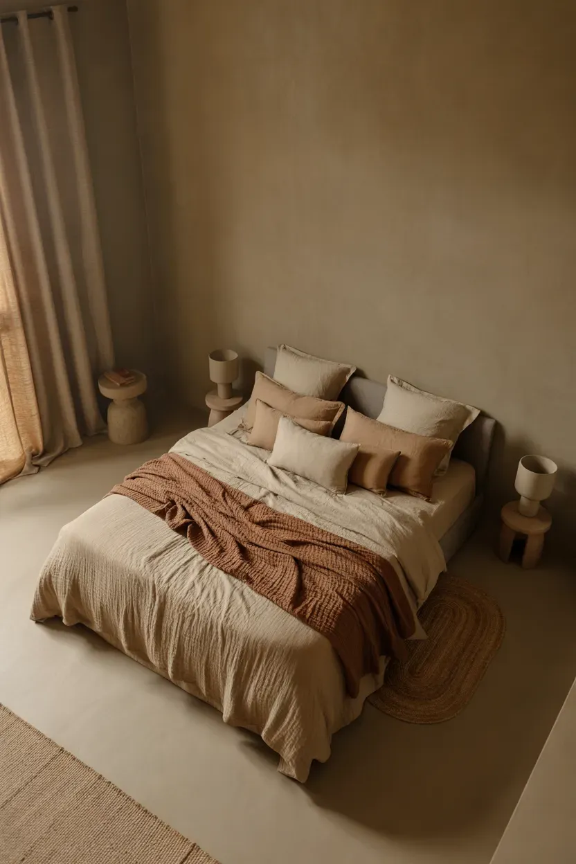 Calm neutral moody bedroom with taupe walls, oatmeal linen bedding, textured brown blankets, and soft amber lighting