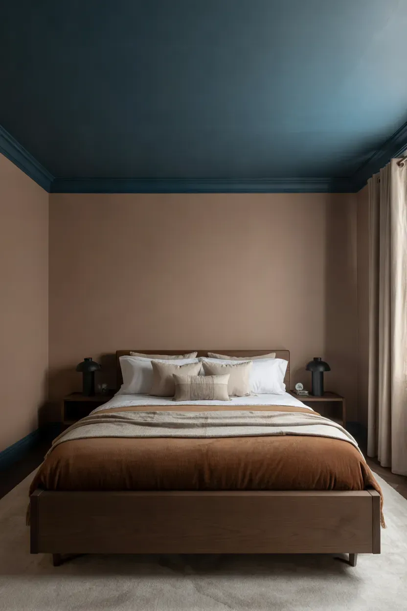 Sophisticated bedroom with a deep charcoal painted ceiling, warm taupe walls, cream bedding, dark wood furniture, and soft ambient lighting