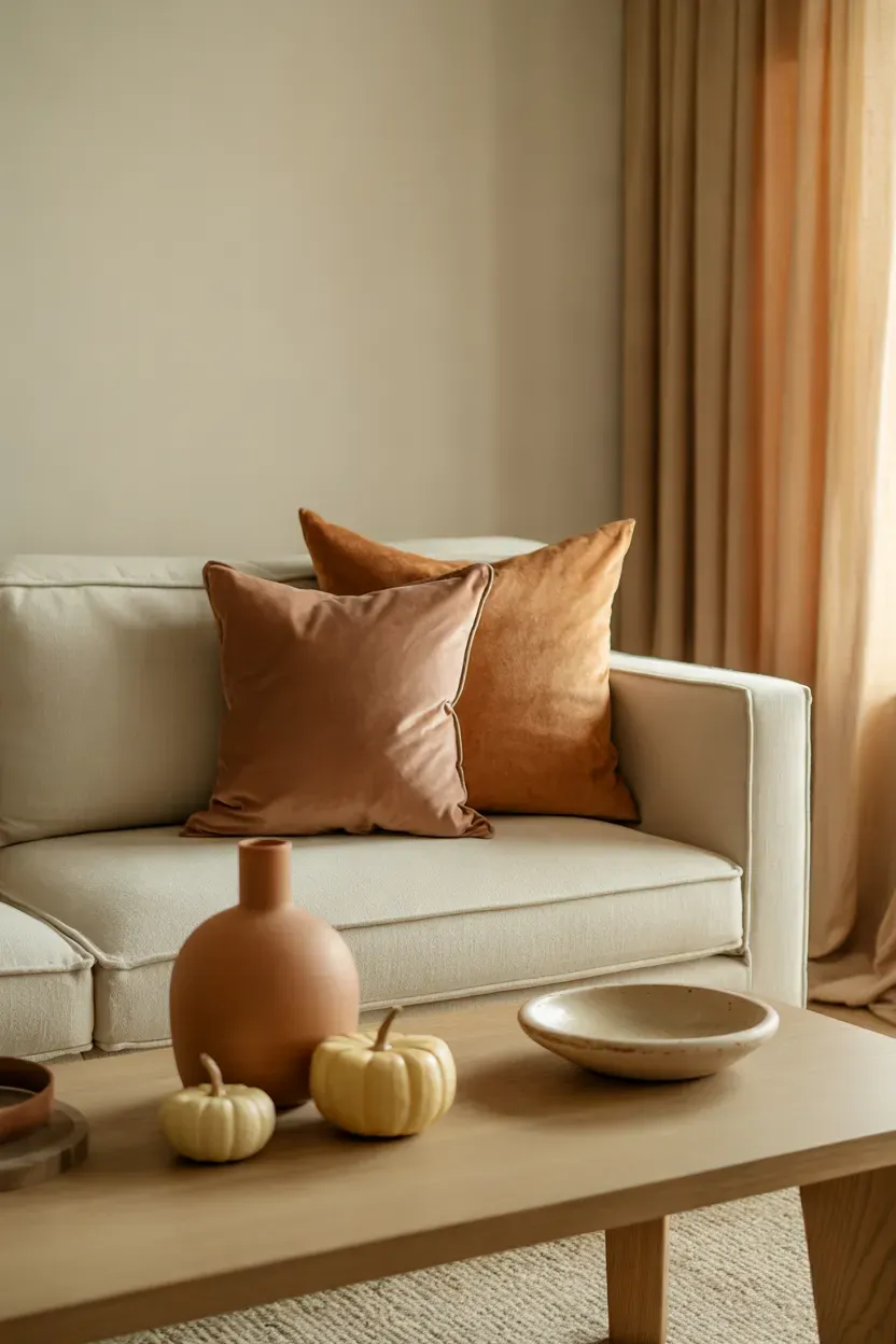Muted terracotta cushions and pottery paired with cream neutral autumn furnishings