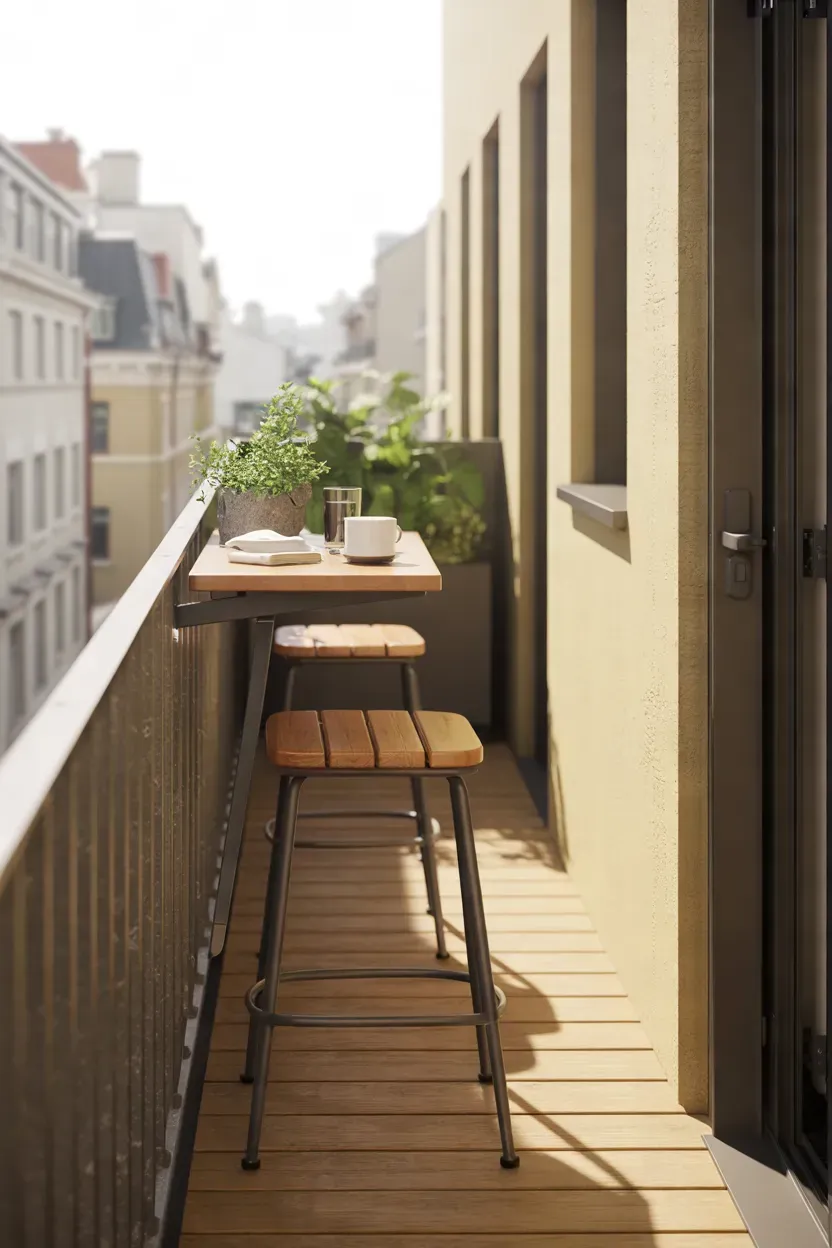 Small apartment balcony with a slim railing bar, compact stools, and morning coffee