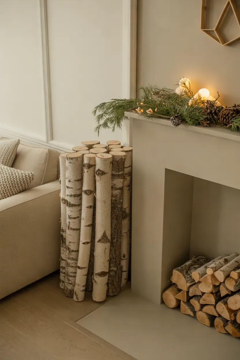 Pale birch logs arranged beside evergreen branches and pinecones in a neutral Christmas living room