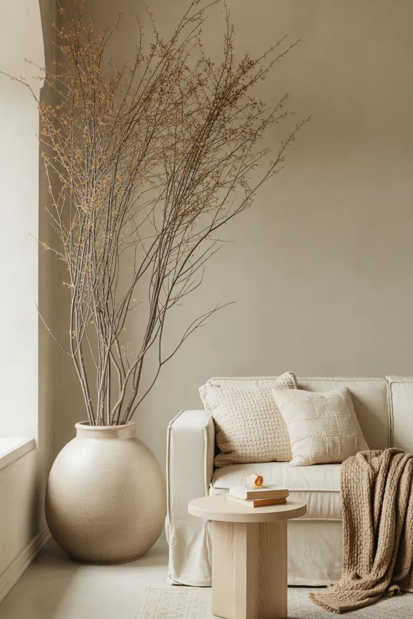 Bare natural branches arranged in a tall beige vase beside a cream sofa