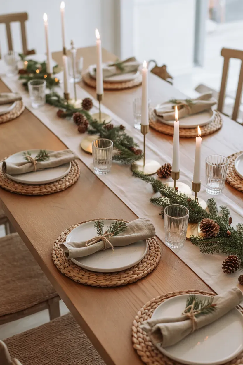 Christmas dining table with linen napkins evergreen sprigs wooden chargers and ceramic dinnerware