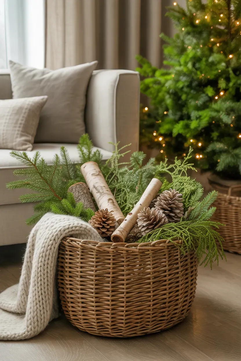 Woven basket filled with evergreen branches pinecones birch logs and cream textiles beside a Christmas tree
