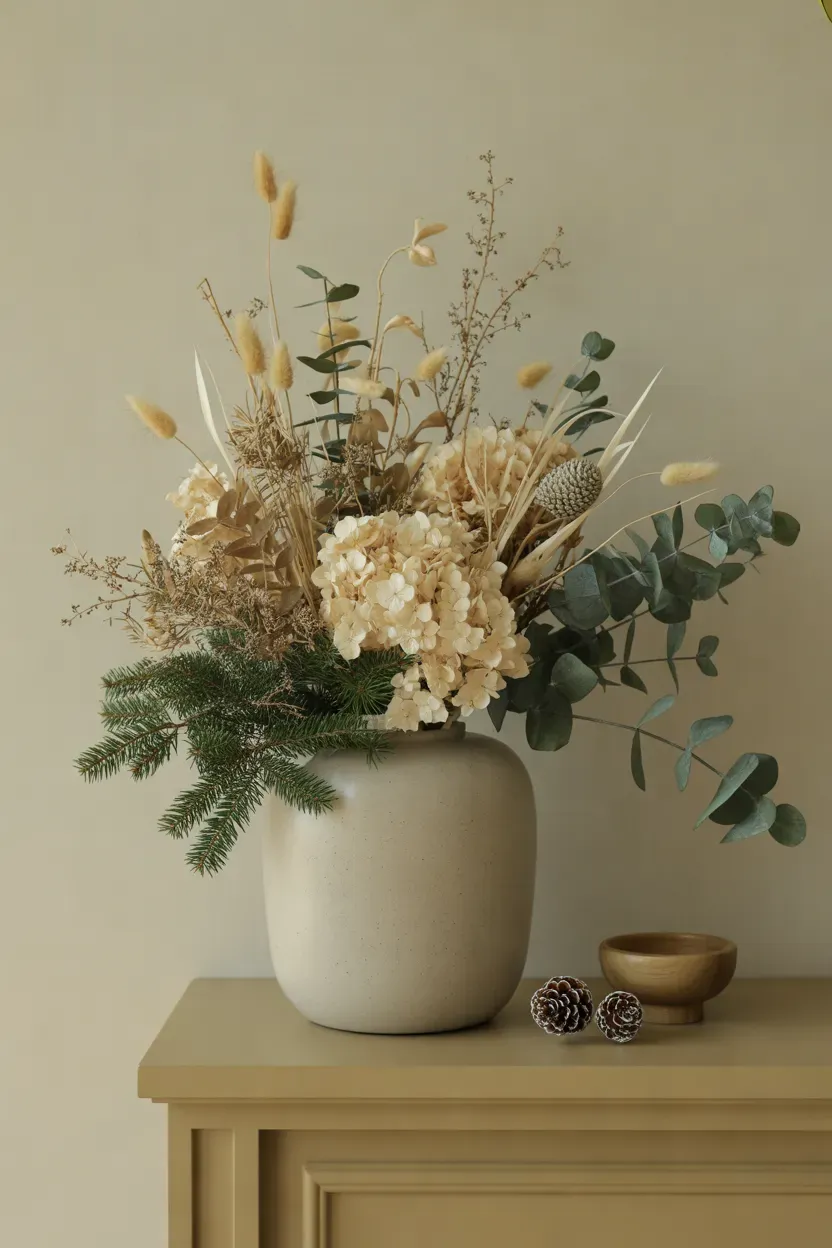 Dried flowers eucalyptus seed pods and evergreen stems arranged in a neutral ceramic vase for Christmas