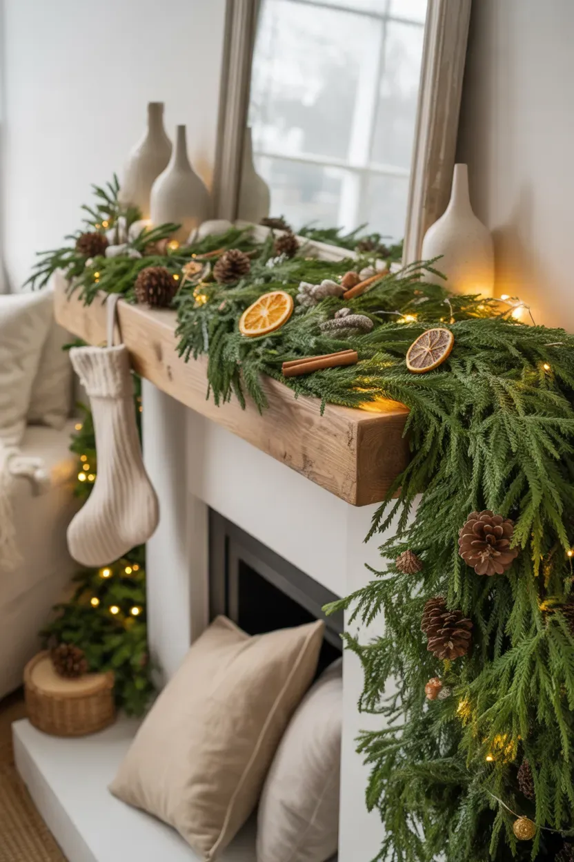 Fresh evergreen garland draped over a wooden mantel with pinecones and warm Christmas lights