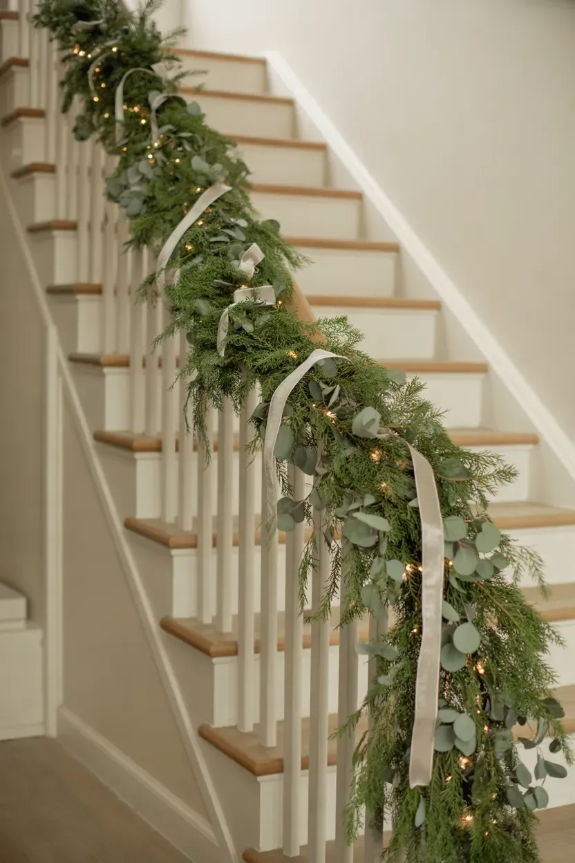 Full evergreen Christmas garland draped over a staircase with soft white lights and neutral ribbon