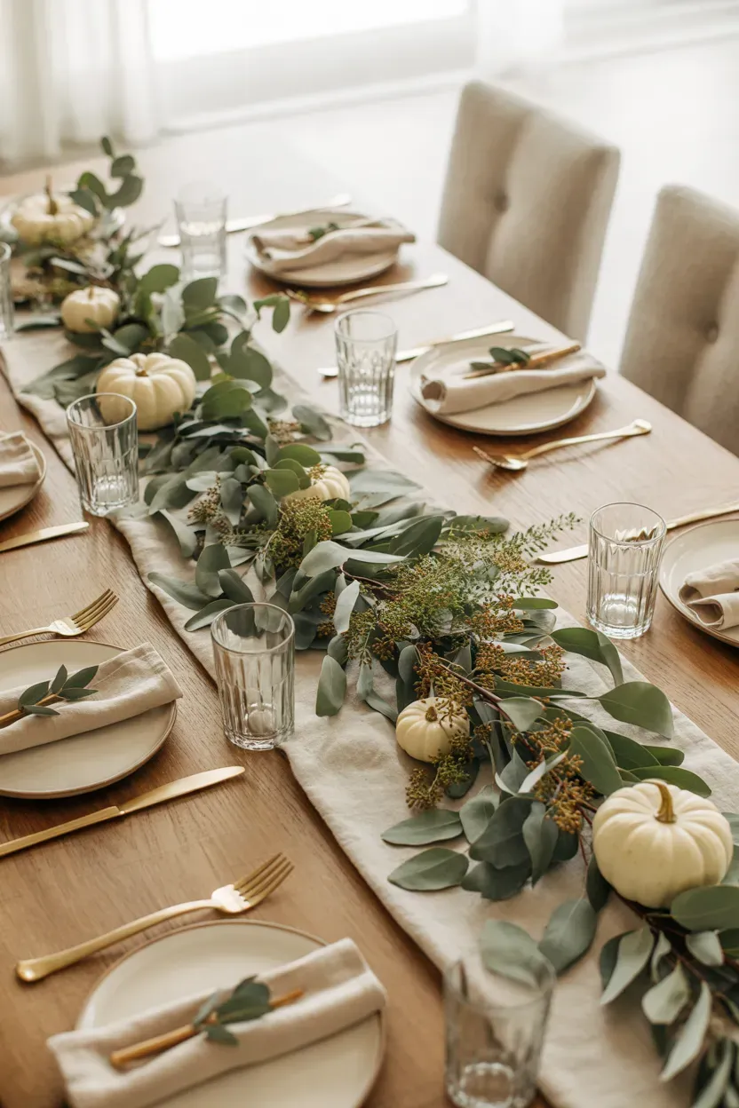 Thanksgiving table with eucalyptus greenery, olive branches, cream candles, and neutral place settings