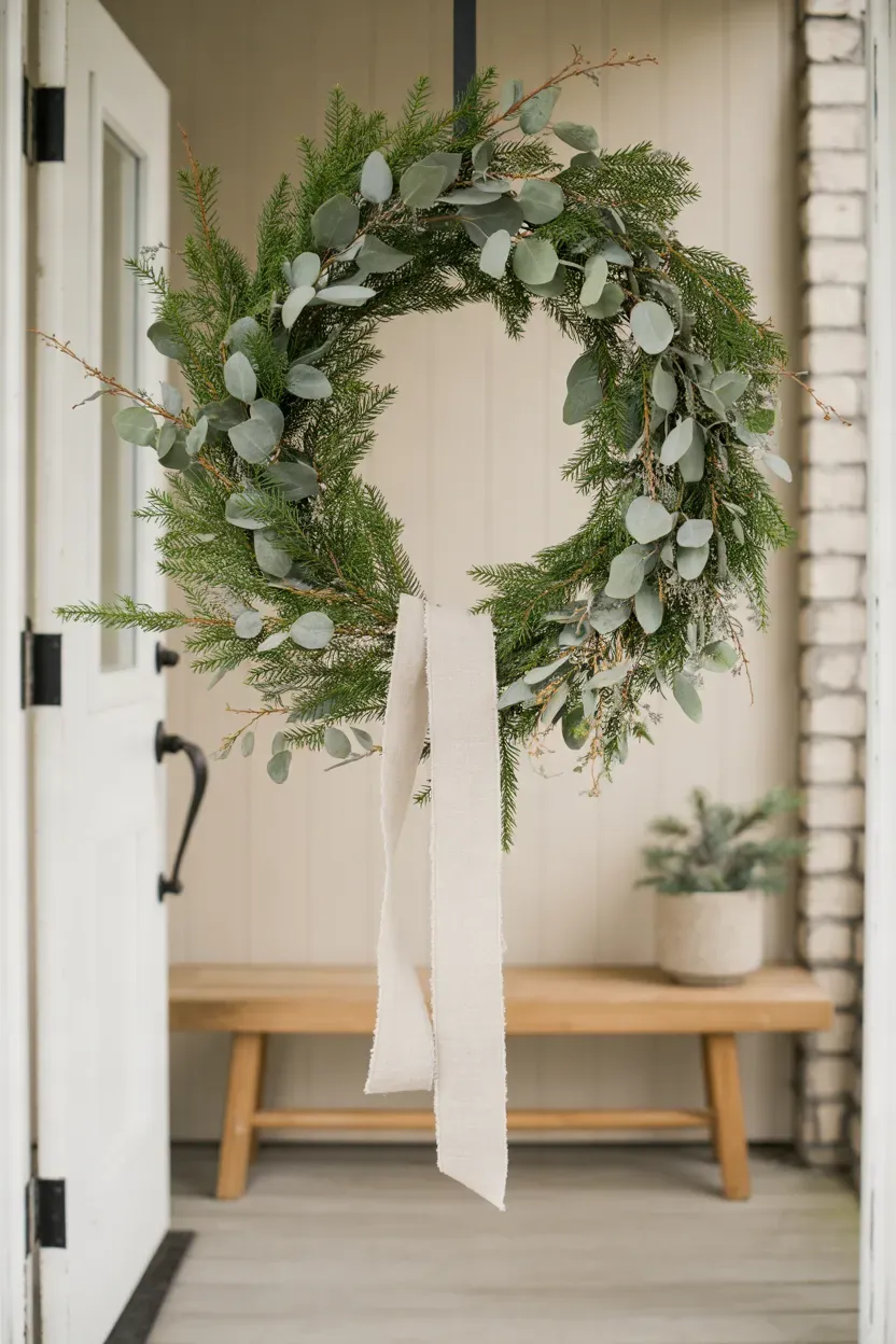 Simple evergreen Christmas wreath with a cream linen ribbon hanging on a light neutral front door